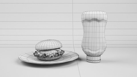 Siatka model 3D hamburgera i packshot Heinz - reklama telewizyjna